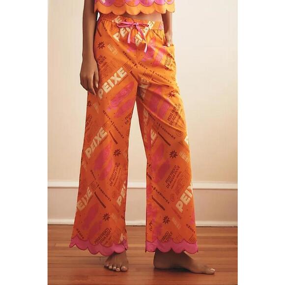 Farm Rio Printed Scallop-Hem Wide-Leg Pants Women's Size M Fresh Fish Pink - Picture 1 of 4